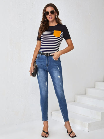 EMERY ROSE Striped Print Pocket Patched Tee EMERY ROSE Striped Print Pocket Patched Tee