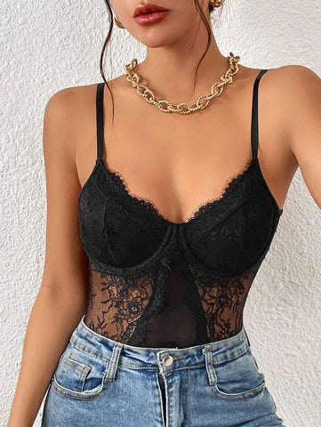 Eyelash Lace Insert Bustier Cami Bodysuit Eyelash Lace Insert Bustier Cami Bodysuit