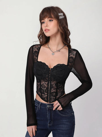 Hook and Eye Front Lace Crop Top. Hook and Eye Front Lace Crop Top.
