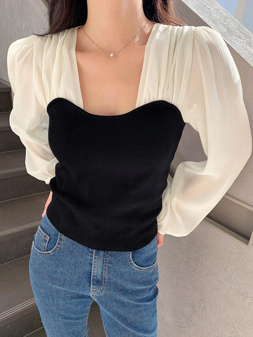 DAZY Two Tone Lantern Sleeve Blouse DAZY Two Tone Lantern Sleeve Blouse