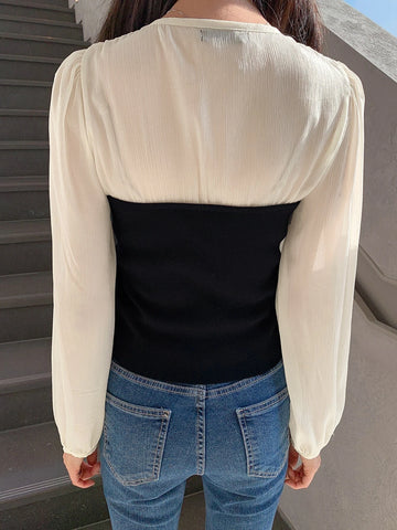 DAZY Two Tone Lantern Sleeve Blouse DAZY Two Tone Lantern Sleeve Blouse