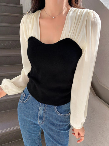 DAZY Two Tone Lantern Sleeve Blouse DAZY Two Tone Lantern Sleeve Blouse