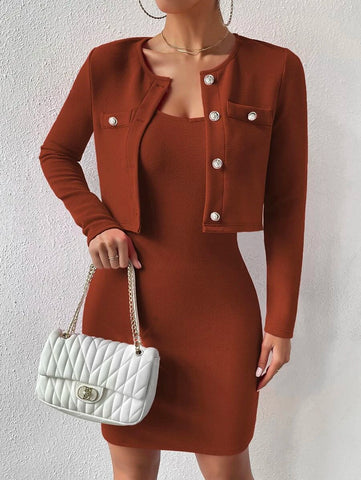 Solid Cami Bodycon Dress & Button Front Jacket Solid Cami Bodycon Dress & Button Front Jacket