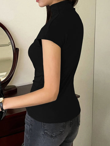 DAZY Solid Mock Neck Cap Sleeve Tee DAZY Solid Mock Neck Cap Sleeve Tee