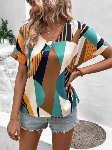 Striped & Geo Print Batwing Sleeve Blouse Striped & Geo Print Batwing Sleeve Blouse