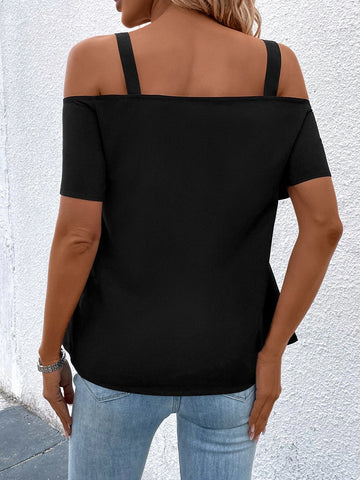 Chain Detail Cold Shoulder O-ring Zipper Front Blouse Chain Detail Cold Shoulder O-ring Zipper Front Blouse