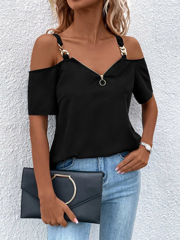 Chain Detail Cold Shoulder O-ring Zipper Front Blouse Chain Detail Cold Shoulder O-ring Zipper Front Blouse