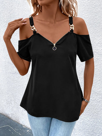 Chain Detail Cold Shoulder O-ring Zipper Front Blouse Chain Detail Cold Shoulder O-ring Zipper Front Blouse