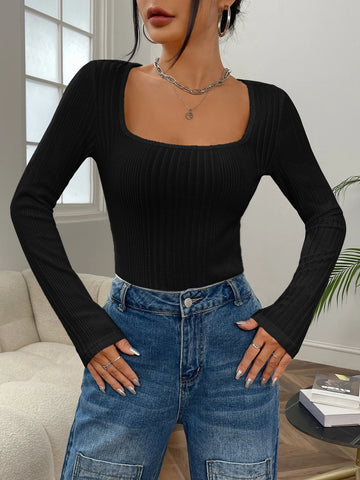 Square Neck Ribbed Knit Tee Square Neck Ribbed Knit Tee