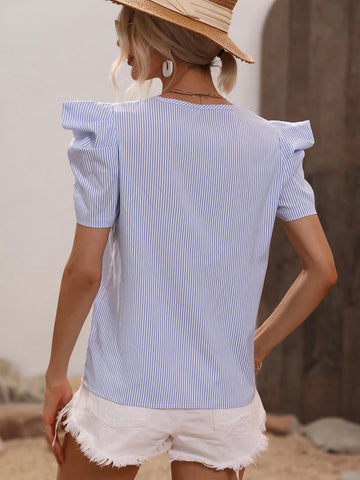 Striped Print Notched Neck Puff Sleeve Blouse Striped Print Notched Neck Puff Sleeve Blouse