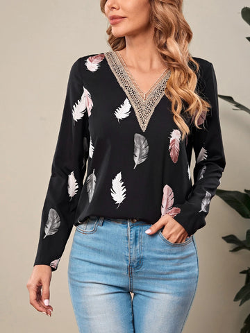 EMERY ROSE Feather Print Guipure Lace Insert Blouse EMERY ROSE Feather Print Guipure Lace Insert Blouse