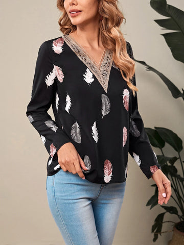 EMERY ROSE Feather Print Guipure Lace Insert Blouse EMERY ROSE Feather Print Guipure Lace Insert Blouse