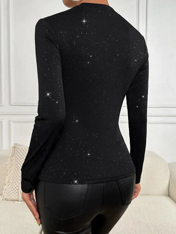 Rhinestone Fringe Trim Cut Out Mock Neck Tee Rhinestone Fringe Trim Cut Out Mock Neck Tee