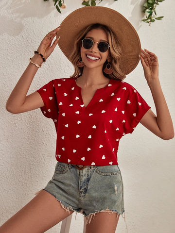 Heart Print Notched Neck Batwing Sleeve Blouse Heart Print Notched Neck Batwing Sleeve Blouse