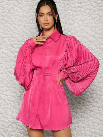 Pleated Lantern Sleeve Shirt Dress Pleated Lantern Sleeve Shirt Dress