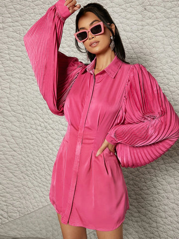 Pleated Lantern Sleeve Shirt Dress Pleated Lantern Sleeve Shirt Dress