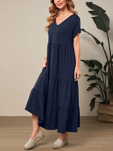 EMERY ROSE Solid Ruffle Hem Smock Dress EMERY ROSE Solid Ruffle Hem Smock Dress