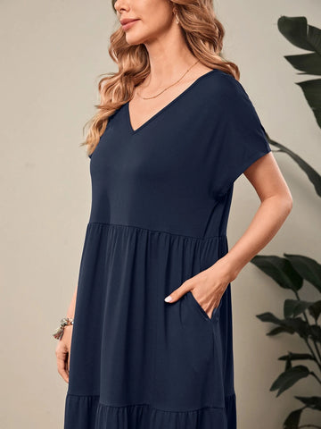 EMERY ROSE Solid Ruffle Hem Smock Dress EMERY ROSE Solid Ruffle Hem Smock Dress