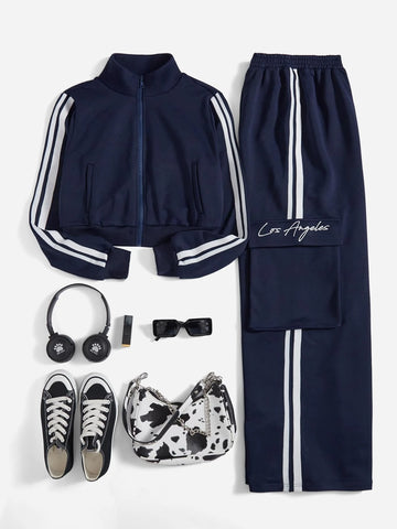 EZwear Contrast Striped Side Jacket & Flap Pocket Cargo Pants EZwear Contrast Striped Side Jacket & Flap Pocket Cargo Pants