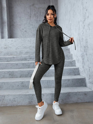 Space Dye Drop Shoulder Split Hem Drawstring Hoodie & Leggings Space Dye Drop Shoulder Split Hem Drawstring Hoodie & Leggings