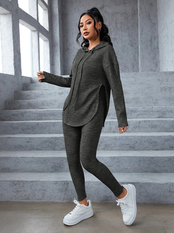 Space Dye Drop Shoulder Split Hem Drawstring Hoodie & Leggings Space Dye Drop Shoulder Split Hem Drawstring Hoodie & Leggings