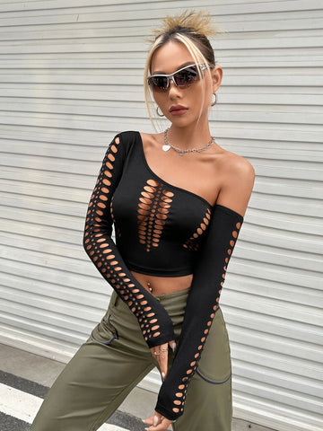 2pcs One Shoulder Cut Out Crop Tee & Arm Sleeve 2pcs One Shoulder Cut Out Crop Tee & Arm Sleeve
