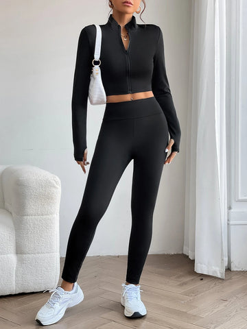 PETITE Zip Up Thumb Holes Crop Jacket & Leggings PETITE Zip Up Thumb Holes Crop Jacket & Leggings