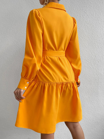 Lantern Sleeve Ruffle Hem Belted Shirt Dress Lantern Sleeve Ruffle Hem Belted Shirt Dress