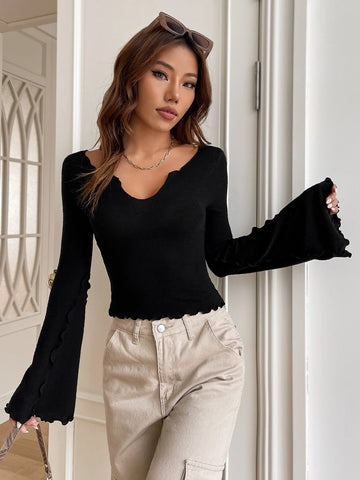 Notched Neck Lettuce Trim Trumpet Sleeve Tee Notched Neck Lettuce Trim Trumpet Sleeve Tee