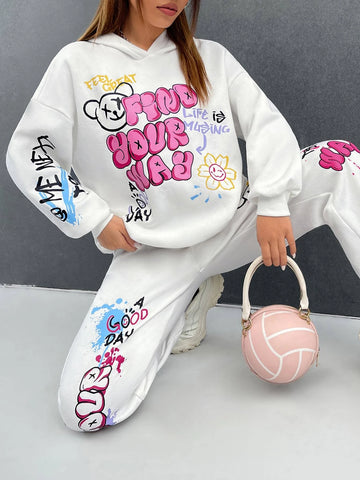 EZwear Cartoon & Slogan Graphic Drop Shoulder Hoodie & Sweatpants EZwear Cartoon & Slogan Graphic Drop Shoulder Hoodie & Sweatpants