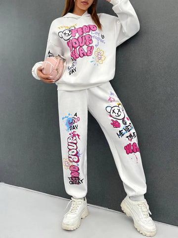 EZwear Cartoon & Slogan Graphic Drop Shoulder Hoodie & Sweatpants EZwear Cartoon & Slogan Graphic Drop Shoulder Hoodie & Sweatpants
