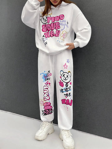 EZwear Cartoon & Slogan Graphic Drop Shoulder Hoodie & Sweatpants EZwear Cartoon & Slogan Graphic Drop Shoulder Hoodie & Sweatpants