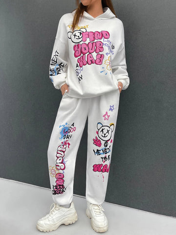 EZwear Cartoon & Slogan Graphic Drop Shoulder Hoodie & Sweatpants EZwear Cartoon & Slogan Graphic Drop Shoulder Hoodie & Sweatpants