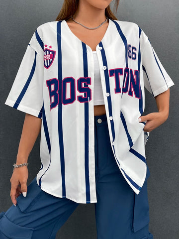 Letter Graphic Striped Drop Shoulder Blouse Letter Graphic Striped Drop Shoulder Blouse