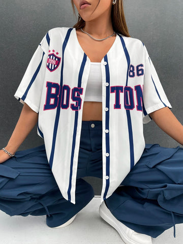 Letter Graphic Striped Drop Shoulder Blouse Letter Graphic Striped Drop Shoulder Blouse