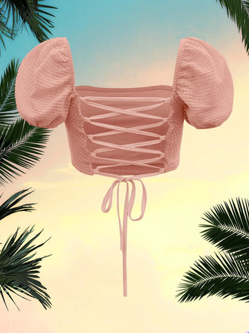 MOD Puff Sleeve Lace Up Backless Textured Crop Top MOD Puff Sleeve Lace Up Backless Textured Crop Top