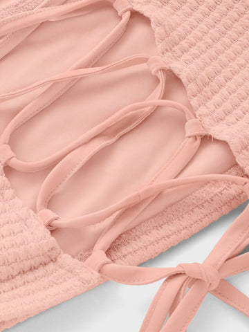 MOD Puff Sleeve Lace Up Backless Textured Crop Top MOD Puff Sleeve Lace Up Backless Textured Crop Top