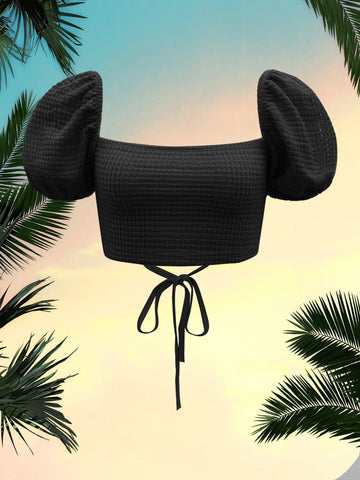 MOD Puff Sleeve Lace Up Backless Textured Crop Top MOD Puff Sleeve Lace Up Backless Textured Crop Top