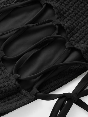 MOD Puff Sleeve Lace Up Backless Textured Crop Top MOD Puff Sleeve Lace Up Backless Textured Crop Top