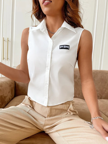 EZwear Letter Patched Detail Button Front Shirt EZwear Letter Patched Detail Button Front Shirt