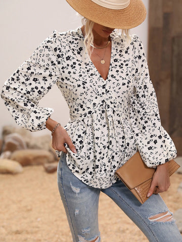 Ditsy Floral Print Lantern Sleeve Peplum Blouse Ditsy Floral Print Lantern Sleeve Peplum Blouse