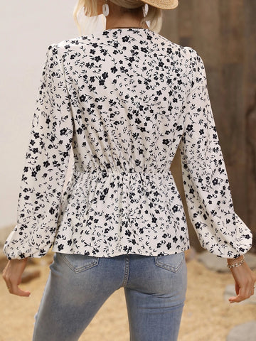 Ditsy Floral Print Lantern Sleeve Peplum Blouse Ditsy Floral Print Lantern Sleeve Peplum Blouse