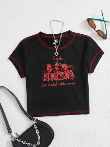 ROMWE PUNK 90s Contrast Stitch Slogan and Skeleton Print Top ROMWE PUNK 90s Contrast Stitch Slogan and Skeleton Print Top