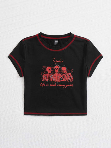 ROMWE PUNK 90s Contrast Stitch Slogan and Skeleton Print Top ROMWE PUNK 90s Contrast Stitch Slogan and Skeleton Print Top