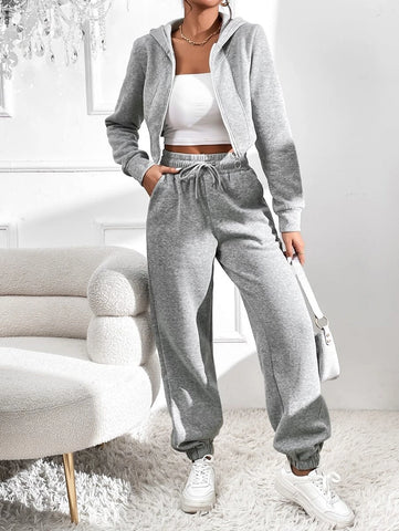 Zip Up Crop Hoodie & Drawstring Waist Slant Pocket Sweatpants Zip Up Crop Hoodie & Drawstring Waist Slant Pocket Sweatpants