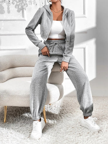 Zip Up Crop Hoodie & Drawstring Waist Slant Pocket Sweatpants Zip Up Crop Hoodie & Drawstring Waist Slant Pocket Sweatpants