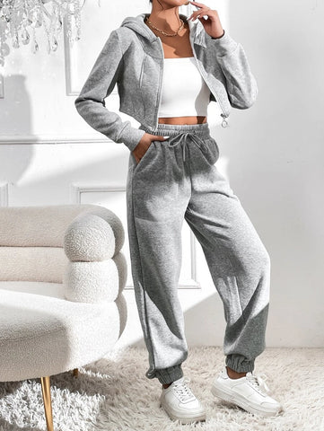 Zip Up Crop Hoodie & Drawstring Waist Slant Pocket Sweatpants Zip Up Crop Hoodie & Drawstring Waist Slant Pocket Sweatpants