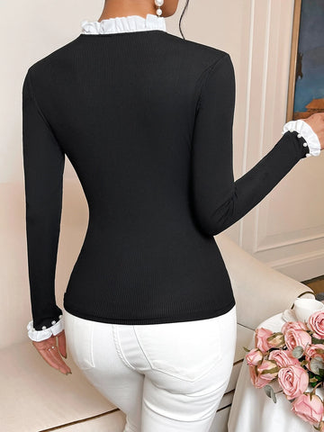 Contrast Lace Trim Pearls Beaded Ribbed Knit Tee Contrast Lace Trim Pearls Beaded Ribbed Knit Tee