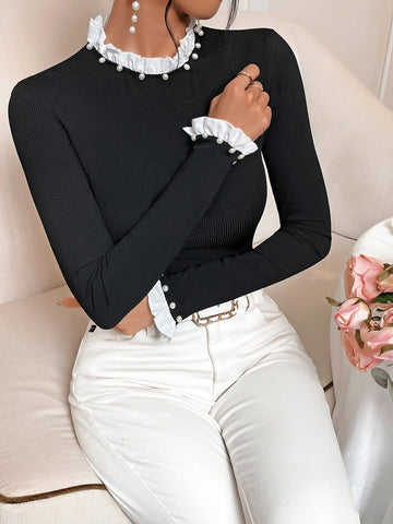 Contrast Lace Trim Pearls Beaded Ribbed Knit Tee Contrast Lace Trim Pearls Beaded Ribbed Knit Tee
