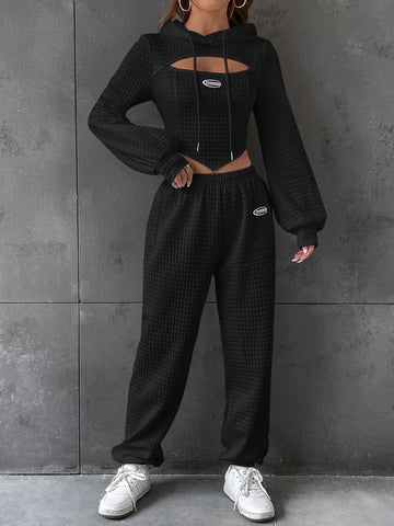 EZwear Letter Patched Detail Cutout Drawstring Hoodie & Sweatpants EZwear Letter Patched Detail Cutout Drawstring Hoodie & Sweatpants